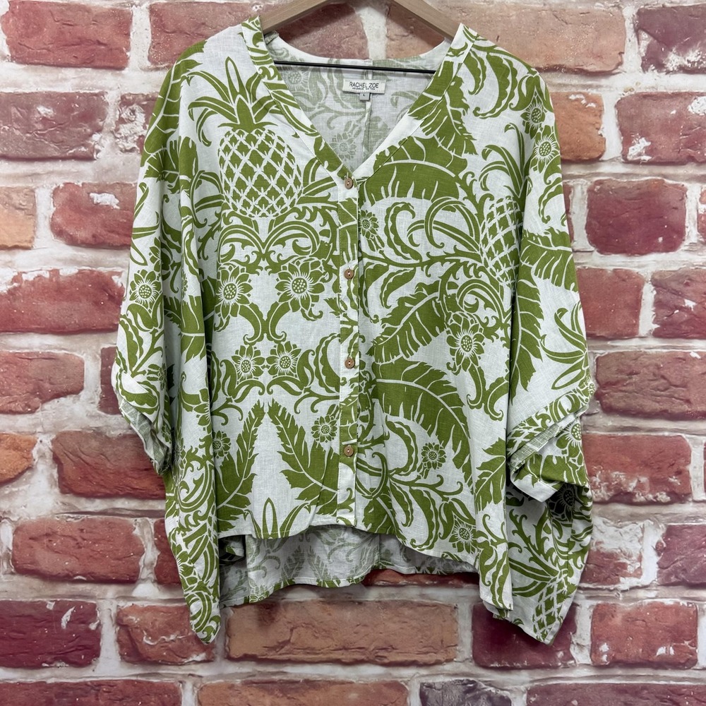 Rachel Zoe Kimono Top Womens L Green Linen Blend Tropical Floral Pineapple Shirt